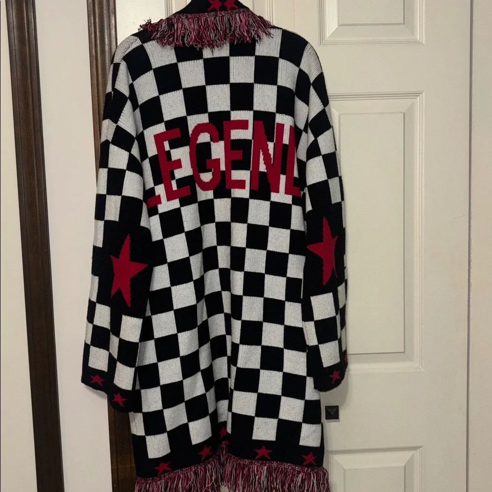 DIL legend Checkered Fringe Cardigan with Red Stars - Picture 4 of 6